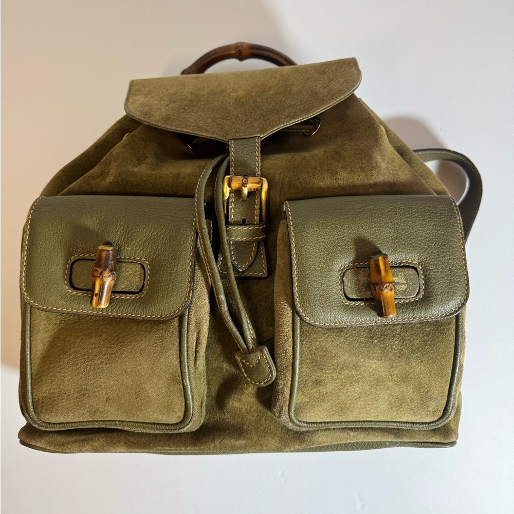 AUTHENTIC Olive Green Suede Gucci Bamboo Backpack